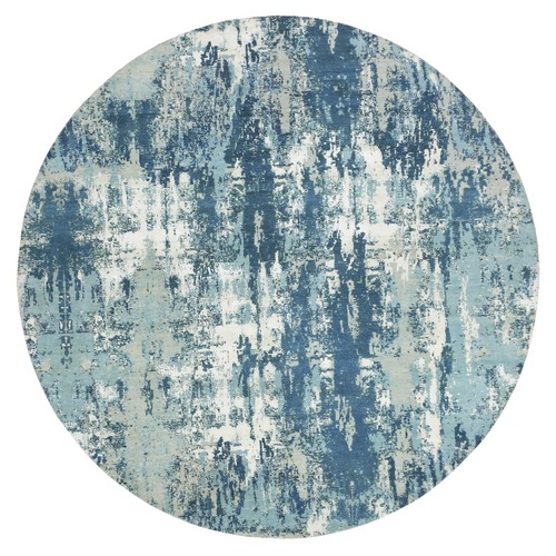 Oceanic Blue, Hand Knotted Abstract Design, Hi-Low Pile Pure Silk and Wool, Round Oriental 