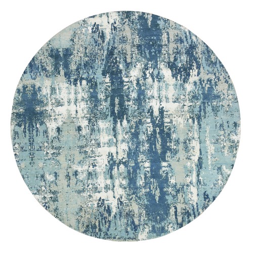Oceanic Blue, Pure Silk and Wool Hand Knotted, Abstract Design Hi-Low Pile, Round Oriental Rug