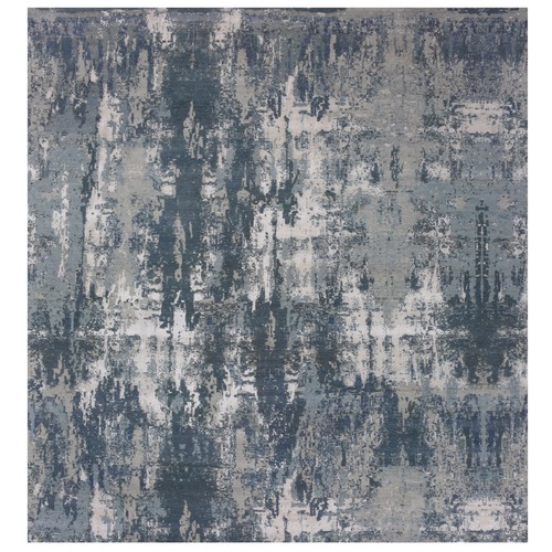 Grotto Blue With Mix Of Delray gray, Hi-Lo Pile, Abstract Design, Wool and Silk, Modern Hand Knotted, Denser Weave Square Oriental Rug 