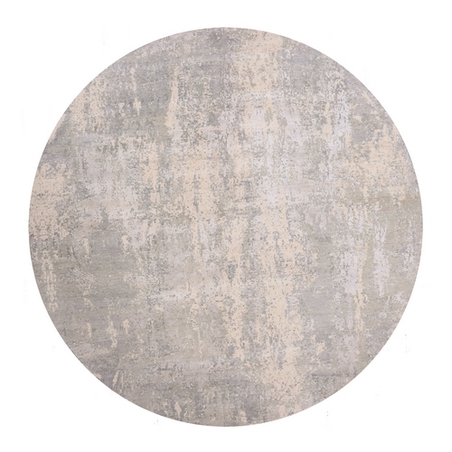 Nimbus Gray With Shade Of Boothbay Gray, Soft Pile, Modern and Abstract Design, Hand Knotted Wool and Silk, Oriental Round Rug 
