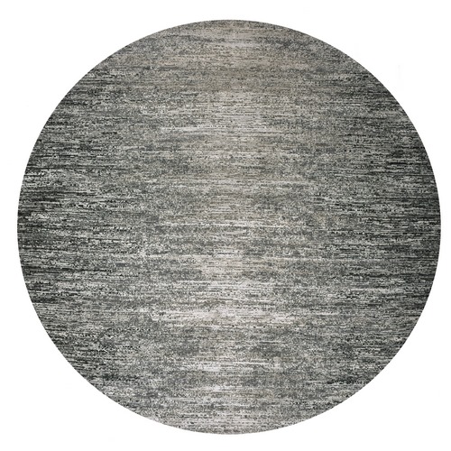 Tricorn Black with Shade of Gray, Modern Striae Design, Soft Pile Wool and Silk Hand Knotted, Round Oriental Rug