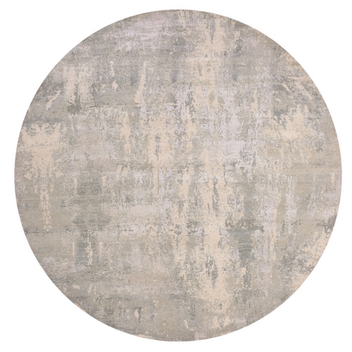Pelican Gray With Shade Of Evergreen Fog Gray, Wool and Silk, Modern Abstract Design With Vibrant Colors, Round Hand Knotted Oriental Rug