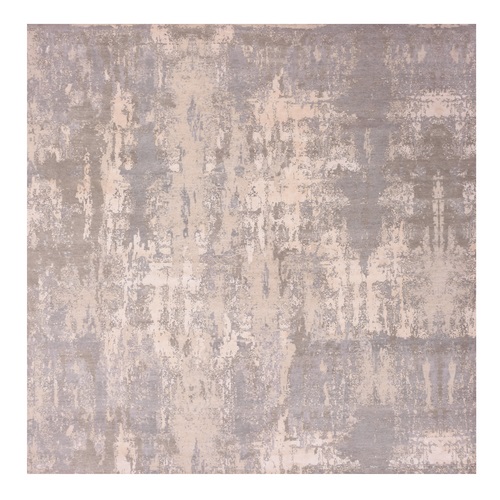 Pike's Peak Gray, Modern Abstract Design, Wool and Silk, Vibrant Colors, Hand Knotted, Square Oriental Rug