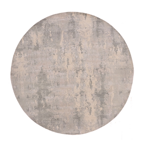 Magnet Gray With Shade Of Squirrel Gray, Modern Hand Knotted, Soft to Touch Abstract Design, Wool and Silk, Round Oriental Rug