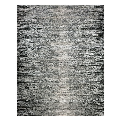 Domino Black with Misty Gray, Modern Striae Design, Soft Pile Wool and Silk Hand Knotted, Oriental 