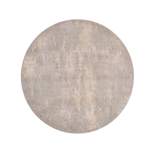 Flannel Gray, Wool and Silk, Hand Knotted, Modern Abstract Design, Round Oriental Rug