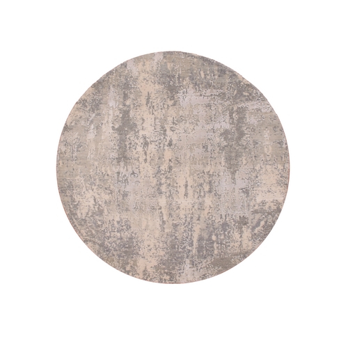Moonquake Gray With Touches Of Still Gray, Modern Wool and Silk, Soft Pile Hand Knotted Abstract Design, Round Oriental Rug