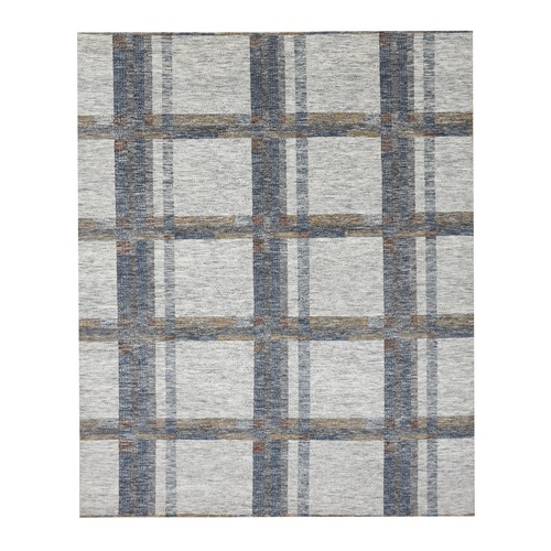 Loft Space Gray, All Wool, Hand Knotted, Modern Plaid Design, Oriental Rug