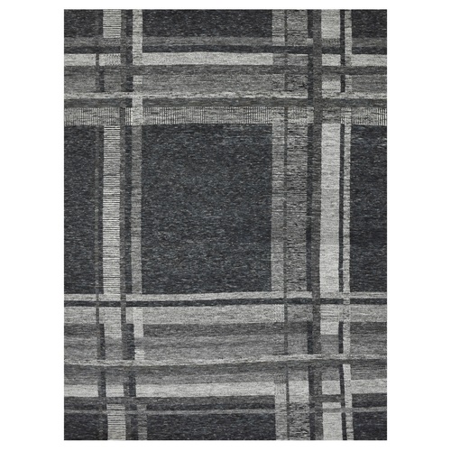 Binary Star Gray, Hand Knotted Organic Wool, Modern Plaid Design, Oriental Rug