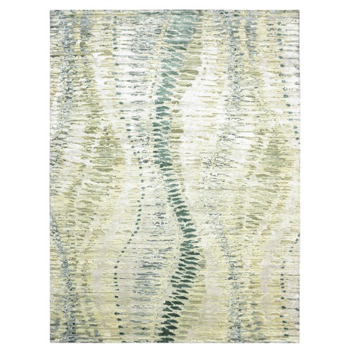 Shades of Green, 100% Silk, Hand Knotted, Crocodile Safari Design, Soft Pile, Oriental Rug