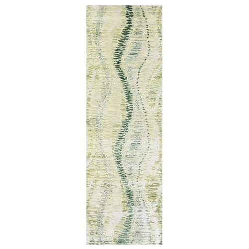 Shades of Green, Crocodile Safari Design, 100% Silk, Hand Knotted, Soft to the Touch, Runner, Oriental Rug