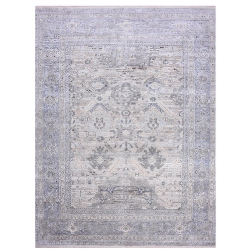 Gray Pure Silk and Textured Wool Oushak with Geometric Motif Hand Knotted Oversize Oriental Rug