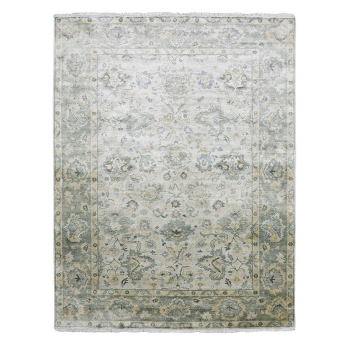 Touches of Gold, Oushak Design with Floral Patten Washed Out, 100% Pure and Real Silk Hand Knotted, Oriental Rug