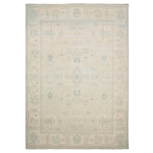 Gray, 100% Wool Oushak with Soft Colors, Anatolian Geometric Motifs, Cropped Thin, Hand Knotted Oriental Rug