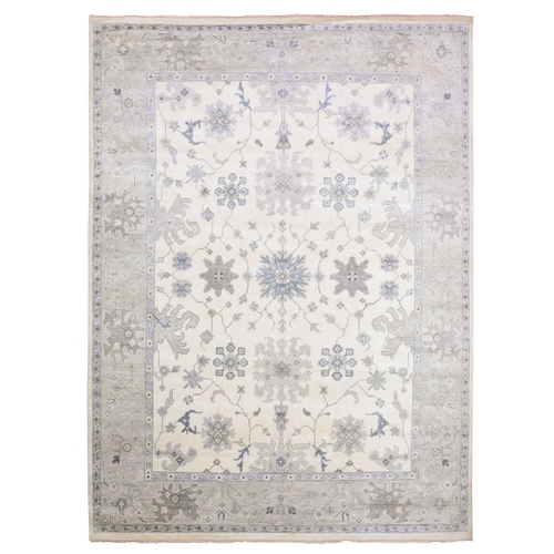 Cream Color, 100% Wool Oushak with All Over Leaf & Rosette Design, Hand Knotted Oriental Rug