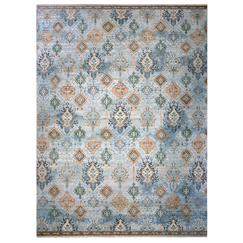 Beau Blue, 100% Wool, Vegetable Dyes, Zero Pile Shaved Down, Caucasian Gul Motifs All Over Borderless Design, Hand Knotted Oriental Oversized Rug 