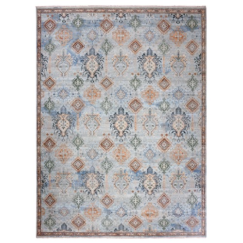 Oyster Mushroom Blue, Hand Knotted All Over Borderless Caucasian Gul Motifs Design, Shaved Down, Pure Wool, Natural Dyes, Zero Pile Oriental Rug 
