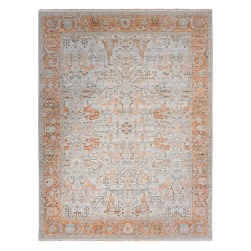 Barely Blue with Burnt Orange Border, Hand Knotted, Pure Wool Antiqued Persian Sultanabad All Over Design Zero Pile, Shaved Down, Oriental 