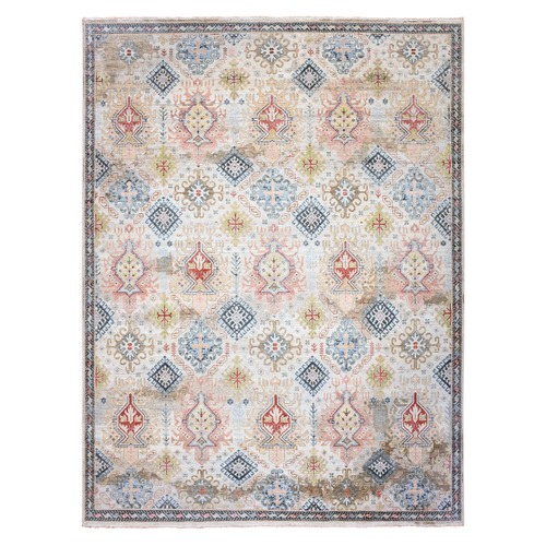 Alabaster White, Shaved Down Hand Knotted Zero Pile, Natural Dyes, Extra Soft Wool, Caucasian Gul Motifs All Over Borderless Design, Oriental Rug 