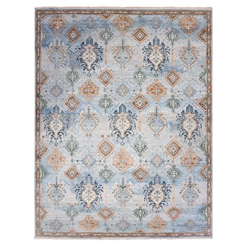 Quarry Blue, Vegetable Dyes, Caucasian Gul Motifs Design, All Over Borderless, Soft and Vibrant Wool, Shaved Down Hand Knotted Zero Pile Oriental Rug 