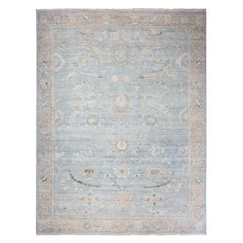 Faded Baby Blue, Antiqued Persian Sultanabad Pure Wool , Zero Pile, Shaved Down, Hand Knotted Oriental Rug