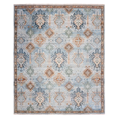 Sharkskin Blue, Zero Pile Shaved Down, Caucasian Gul Motifs All Over Borderless Design, Vegetable Dyes, Hand Knotted Organic Wool Oriental Rug 