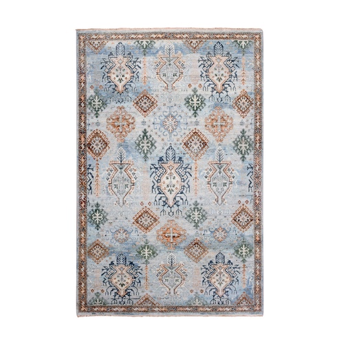 High Rise Blue, Natural Wool, Shaved Down, Caucasian Gul Motifs All Over Borderless Design, Vegetable Dyes, Zero Pile, Hand Knotted Oriental Rug 