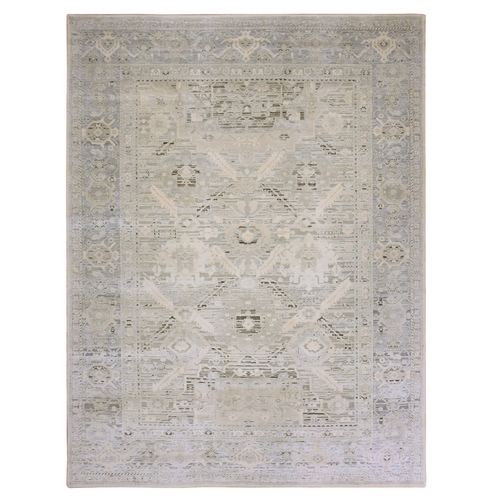 Foggy Dew Gray, Silk and Textured Wool, Hand Knotted Oushak with Geometric Motif, Oriental 