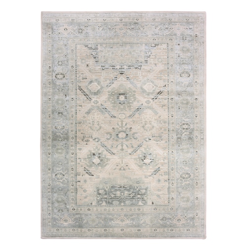 Storm Gray, Silk and Oxidized Wool, Oushak Design with Geometric Pattern, Hand Knotted, Oriental 