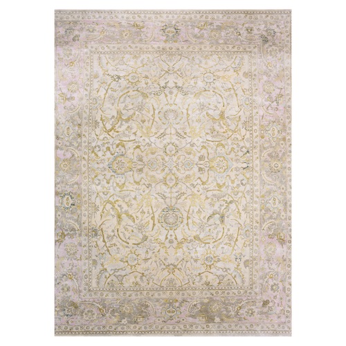 Semolina Beige, Cameo Pink Border, Wool and Silk, Densely Woven, Oushak Design, Hand Knotted, Oversized Oriental 