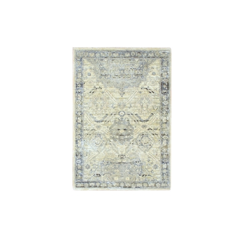 Pearl White, Oushak with Geometric Motif, Hand Knotted, Pure Silk and Textured Wool,  Mat, Oriental 