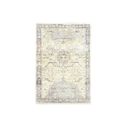 Eggshell White, Hand Knotted, Pure Silk and Textured Wool, Oushak with Geometric Motif, Mat, Oriental 