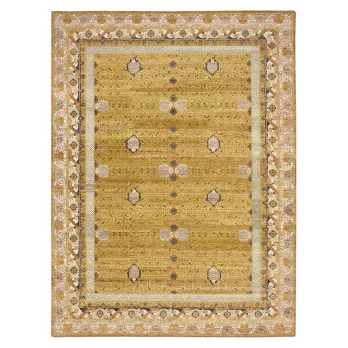 Mustard Yellow, Pinecone Design, 100% Pure Wool, Thick and Plush, Hand Knotted, Oriental Rug