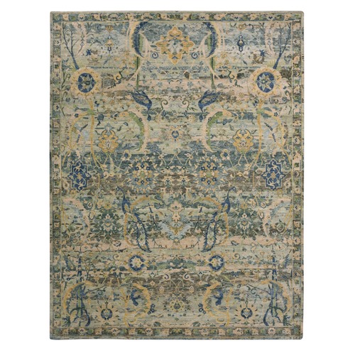 Celadon Green, All Over Broken and Erased Green Abrash Persian Design, 100% Wool, Zero Pile, Hand Knotted, Oriental 