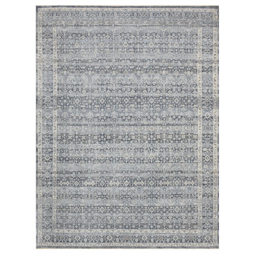 Early Blue, Abrash Motif, Zero Pile, 100% Wool, Small Intricate Herat Mahi Design, Repetitive All Over Oriental Rug