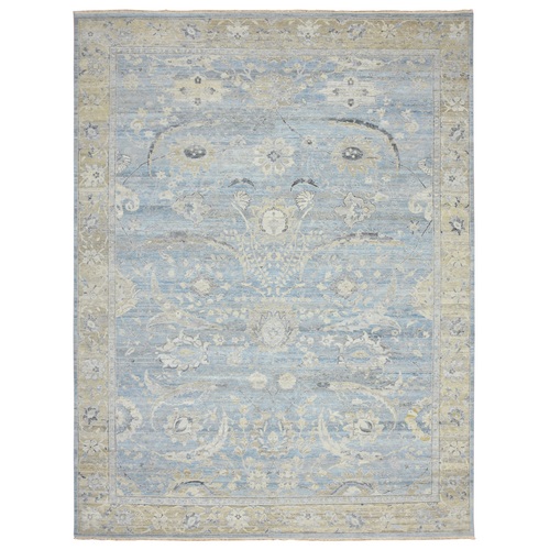 Columbia Blue, Antiqued Zeigler Mahal with Zero Pile, Sheared Low, 100% Wool, Distressed, Hand Knotted, Oversized, Oriental Rug