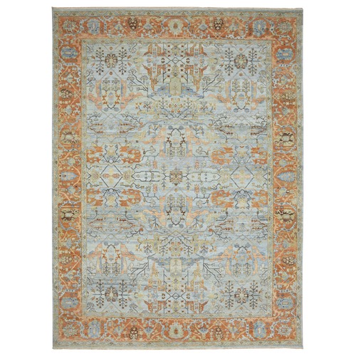 Periwinkle Blue, Antiqued Heriz All Over Design, Sheared Low, Zero Pile, Distressed, 100% Wool, Hand Knotted, Oriental 