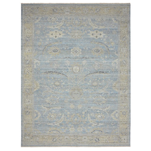 Columbia Blue, Hand Knotted, Antiqued Zeigler Mahal with Zero Pile, Distressed, Cropped Thin, 100% Wool, Oriental Rug