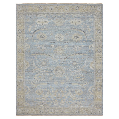 Columbia Blue, Cropped Thin, Washed Out, Antiqued Zeigler Mahal with Zero Pile, Hand Knotted, 100% Wool, Oriental Rug