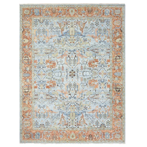 Periwinkle Blue, Sheared Low, Hand Knotted, Antiqued Heriz All Over Design, Zero Pile, Distressed, 100% Wool, Oriental Rug