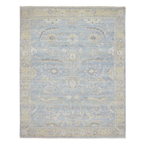 Columbia Blue, Cropped Thin, Hand Knotted, Distressed, Antiqued Zeigler Mahal with Zero Pile, 100% Wool, Oriental Rug