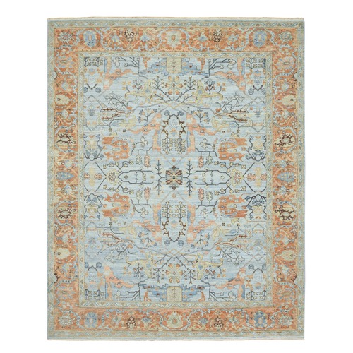 Periwinkle Blue, Distressed, 100% Wool, Hand Knotted, Antiqued Heriz All Over Design, Sheared Low, Zero Pile, Oriental Rug