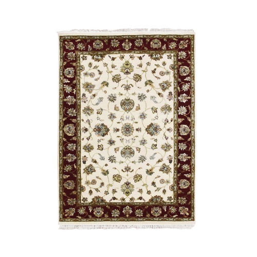 Ivory, Rajasthan, with All Over Leaf Design, Thick and Plush, Wool and Silk, Hand Knotted, Oriental Rug