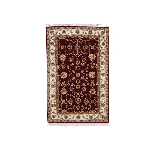 Burgundy Red, Thick and Plush, Wool and Silk, Hand Knotted, Rajasthan, All Over Leaf Design, Oriental Rug