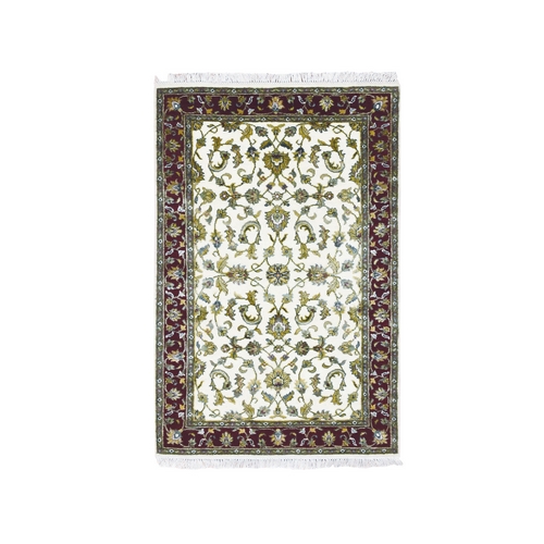Ivory, All Over Leaf Design, Thick and Plush, Wool and Silk, Hand Knotted, Rajasthan, Oriental Rug