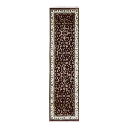 Burgundy Red, All Over Leaf Design, Thick and Plush, Wool and Silk, Hand Knotted, Rajasthan, Oriental, Runner Rug