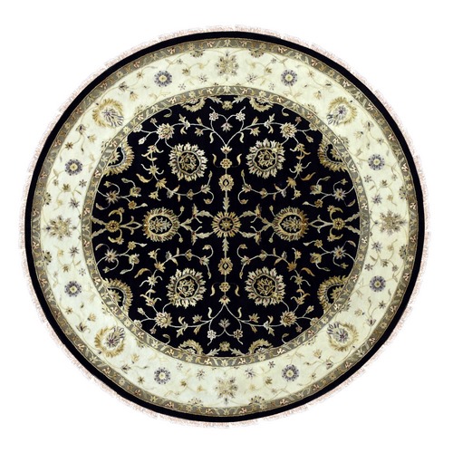Black, Rajasthan, All Over Design, Thick and Plush, Wool and Silk, Hand Knotted, Round, Oriental, Rug