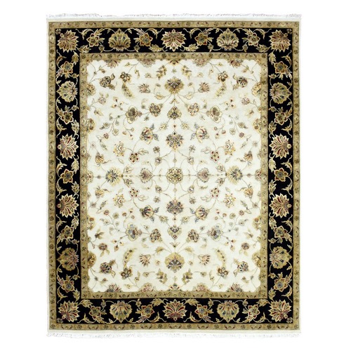 Ivory, Rajasthan, All Over Leaf Design, Thick and Plush, Wool and Silk, Hand Knotted, Oriental, Rug