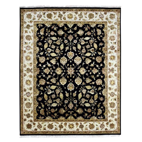 Black, Thick and Plush, Wool and Silk, Hand Knotted, Rajasthan, All Over Leaf Design, Oriental 