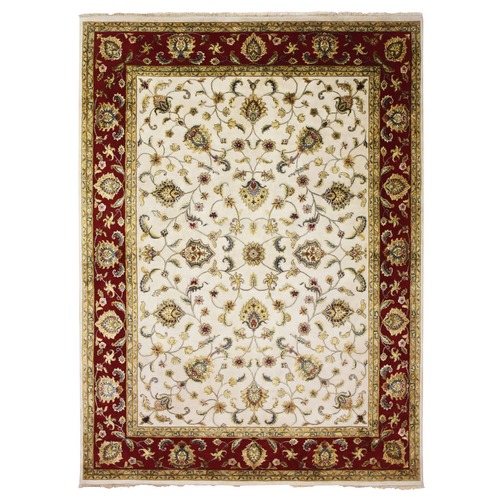 Ivory, Thick and Plush Wool and Silk, Hand Knotted Rajasthan with All Over Leaf Design, Oriental 
